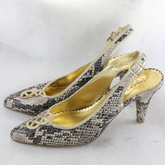 LAURA ASHLEY Gray/Cream Snake Print Slingback Heels PAIR Sz 8.5 US Women - Picture 2 of 8